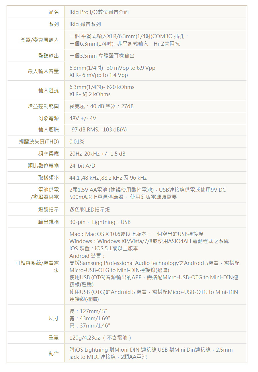 品名系列樂器麥克風iRig Pro I/O數位介面iRig 系列一個 平衡式輸入LR/6.3mm(1/4COMBO 插孔:一個6.3mm(1/4)-非平衡式輸入Hi-Z高阻抗監聽一個3.5mm 立體聲耳機輸入阻抗最大輸入音量6.3mm(1/4吋)- 30 mVpp to 6.9 VppXLR-6 mVpp to 1.4 Vpp6.3mm(1/4吋)-60 kOhmsXLR- 約 2 kOhms增益控制範圍麥克風:40 dB 樂器:27dB幻象電源48V +/-4V-97dB RMS -103dB(A)總諧波失真(THD)0.01%頻率響應20Hz-20kHz +/- 1.5 dB類比數位轉換24-bit A/D取樣頻率44.148 kHz,88.2 kHz  96kHz電池供電/變壓器供電21.5V AA電池(建議使用電池),USB線供電或使用 DC500mA以上電源供應器,使用幻象電源時需要燈號指示多色彩LED指示燈輸出規格30-pin, Lightning,USB可相容系統/裝置需求Mac : Mac OS X 或以上版本一個空出的USB埠Windows:Windows XP/Vista/7/8或使用ASIO4ALL驅動程式之系統iOS 裝置:iOS 5.1或以上版本Android 裝置:支援Samsung Professional Audio technology Android 5裝置,需搭配Micro-USB-OTG to Mini-DIN連接線(選購)使用USB (OTG)音源輸出的APP,需搭配Micro-USB-OTG to Mini-DIN連接線(選購)使用USB (OTG)的Android 5 裝置,需搭配Micro-USB-OTG to Mini-DIN連接線(選購)長:127mm/5尺寸寬:43mm/1.69重量配件高:37mm/1.46120g/4.23oz(不含電池)附iOS Lightning 對Mioni DIN 連接線,USB 對Mini Din連接線,2.5mmjack to MIDI 連接線,2AA電池