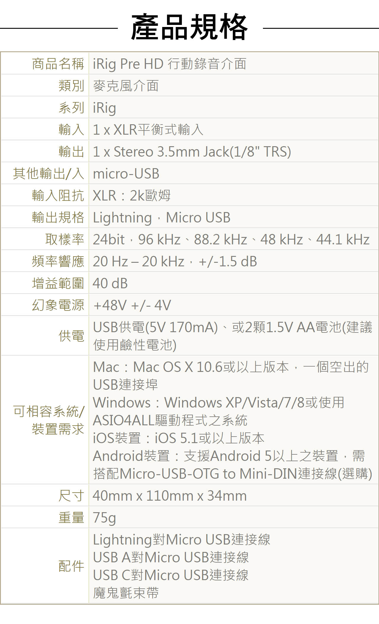 產品規格商品名稱 iRig Pre HD 行動錄音介面類別 麥克風介面系列 iRig輸入 1 x XLR平衡式輸入輸出 1 x Stereo 3.5mm Jack(1/8 TRS)其他輸出/入 micro-USB輸入阻抗 XLR:歐姆輸出規格 LightningMicro USB取樣率 24bit96kHz、88.2 kHz、48 kHz、44.1kHz頻率響應 20 Hz−20 kHz, +/-1.5 dB增益範圍 40 dB幻象電源 +48V+/-4VUSB供電(5V 170mA)、或2顆1.5V AA電池(建議供電使用鹼性電池)可相容系統/裝置需求Mac : Mac OS X 10.6或以上版本,一個空出的USB連接埠Windows : Windows XP/Vista/7/8或使用ASIO4ALL驅動程式之系統裝置:iOS5.1或以上版本Android裝置:支援Android 5以上之裝置,需搭配Micro-USB-OTG to Mini-DIN連接線(選購)尺寸 40mm x 110mm x 34mm重量 75g配件Lightning對Micro USB連接線USB A對Micro USB連接線USB C對Micro USB連接線魔鬼氈束帶