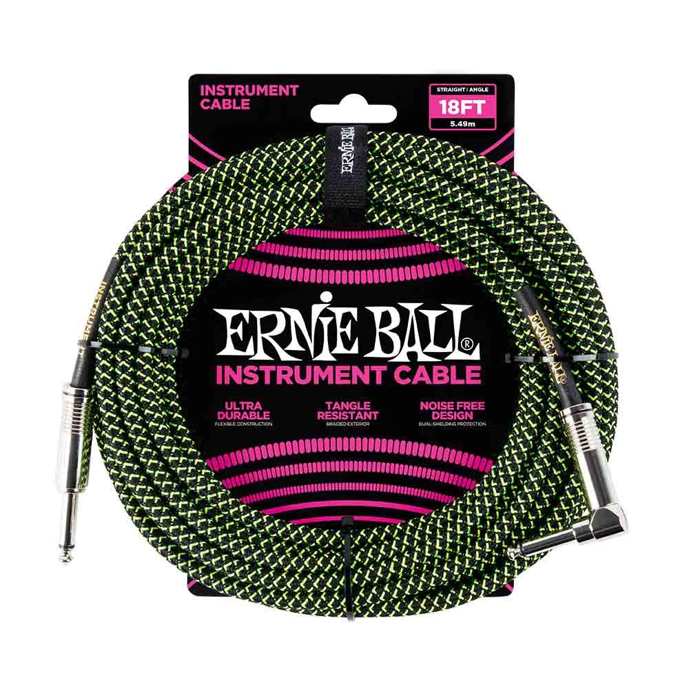 Ernie Ball Braided Instrument Cable Straight/Angle 18ft - Black/Green 6082 樂器導線